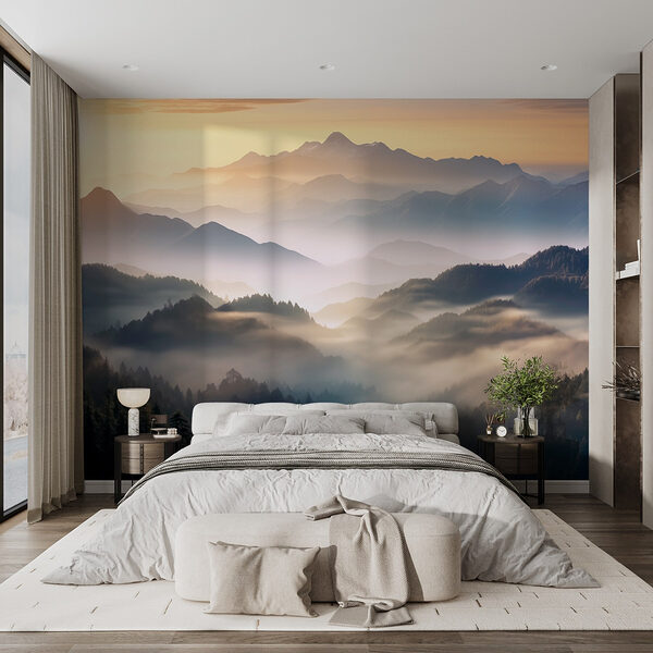 Wall mural Landscape of mountains with fog and trees