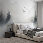 Wall murals Birds flying over a foggy forest