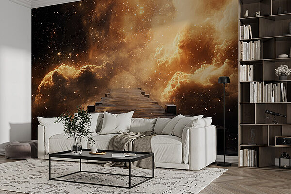 Wooden bridge leading to clouds Wall murals Wooden bridge leading to clouds