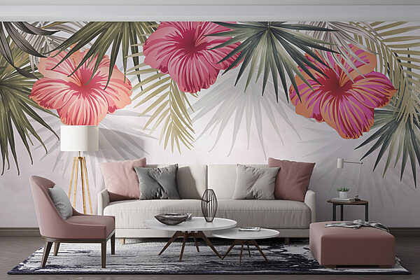 Group of pink flowers and green leaves Wall murals Group of pink flowers and green leaves
