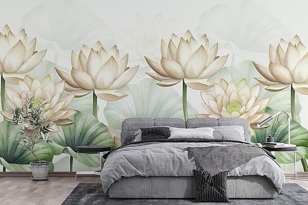 Group of white flowers with green leaves Wall murals Group of white flowers with green leaves