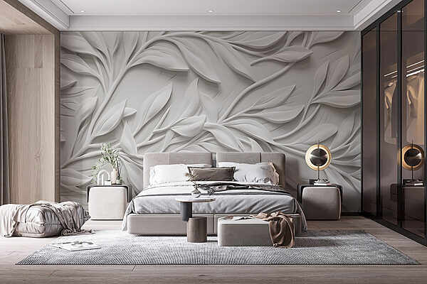 Wall murals White wall with leaves (SKU: w08778) Wall murals Wall murals White wall with leaves (SKU: w08778)
