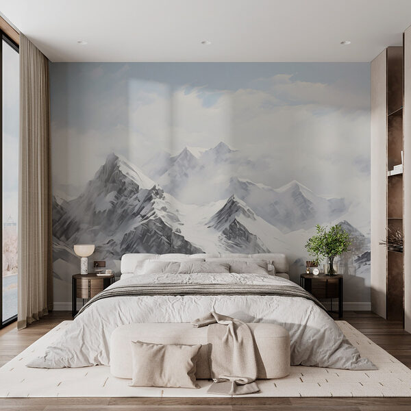 Snowy mountain range with clouds Wall murals Snowy mountain range with clouds