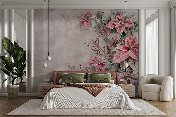 Pink flowers and berries on a white surface Wall murals Pink flowers and berries on a white surface