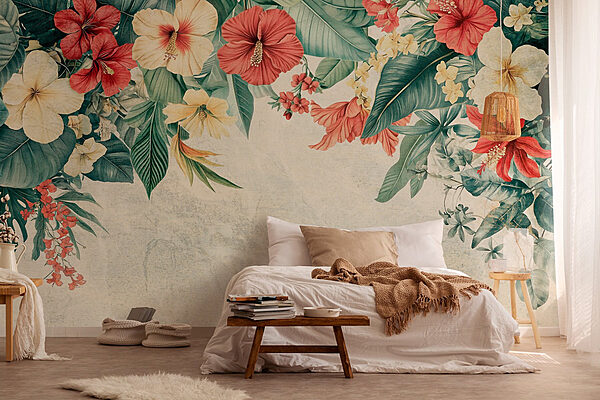 Vibrant blooms frame a serene background Wall murals Vibrant blooms frame a serene background