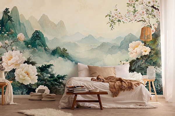 Painting of flowers and mountains Wall murals Painting of flowers and mountains