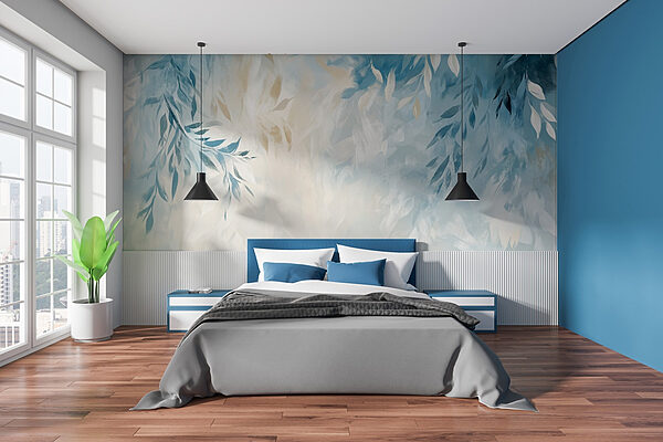 Blue and white background with leaves Wall murals Blue and white background with leaves