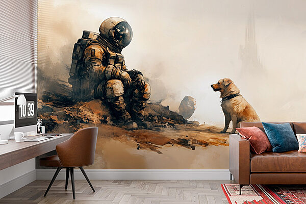 An astronaut sitting on a rock looking at a dog Wall murals An astronaut sitting on a rock looking at a dog