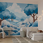 Wall murals Snowy landscape with trees and bushes