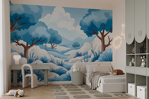 Snowy landscape with trees and bushes Wall murals Snowy landscape with trees and bushes