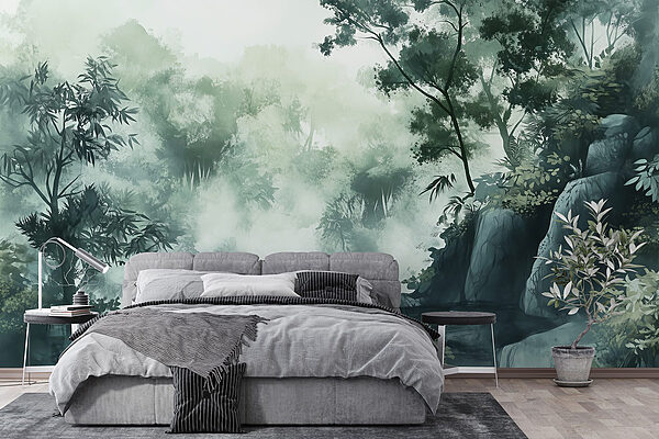 Foggy forest with trees and rocks Wall murals Foggy forest with trees and rocks