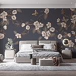 Wall murals White flowers and leaves on a gray background