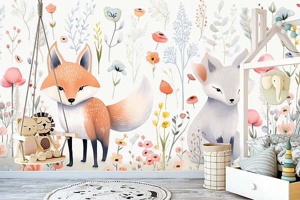Couple of foxes in a flower garden Wall murals Couple of foxes in a flower garden