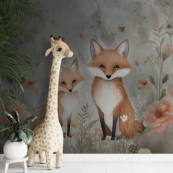 Two foxes in a field of flowers Wall murals Two foxes in a field of flowers