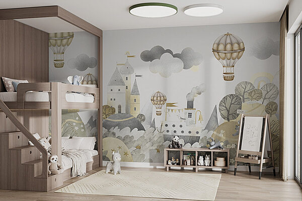 Watercolor painting of a castle and hot air balloons Wall murals Watercolor painting of a castle and hot air balloons
