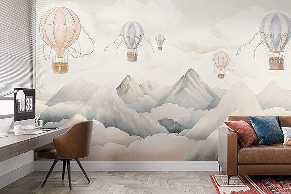 Wall murals Wall murals Group of hot air balloons in the sky above mountains (SKU: w08853)