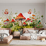 Wall murals Painting of mushrooms and butterflies