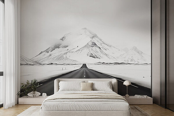Road leading to a snowy mountain Wall murals Road leading to a snowy mountain