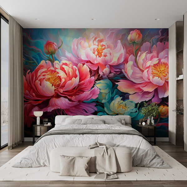 Painting of flowers on a blue background Wall murals Painting of flowers on a blue background