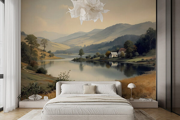 Lake with a house and trees Wall murals Lake with a house and trees