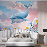 Wall murals Whale flying over flowers