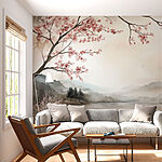 Wall mural Watercolor painting of a lake with trees and mountains