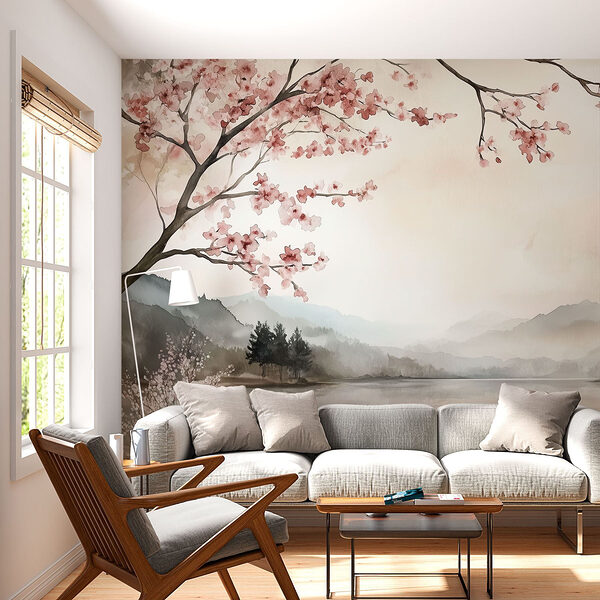 Wall murals Watercolor painting of a lake with trees and mountains