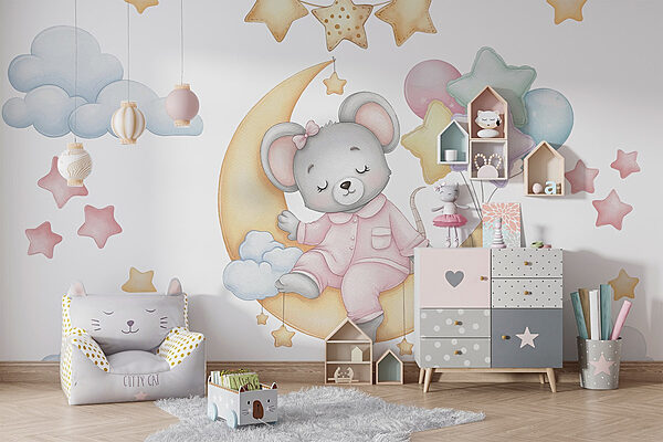 Mouse sitting on the moon with balloons Wall murals Mouse sitting on the moon with balloons