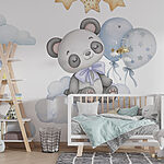 Wall murals Cartoon panda sitting on a cloud with balloons