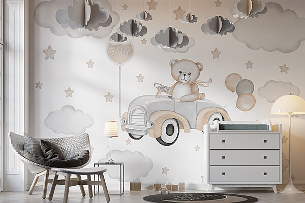 Teddy bear driving a car with balloons Wall murals Teddy bear driving a car with balloons