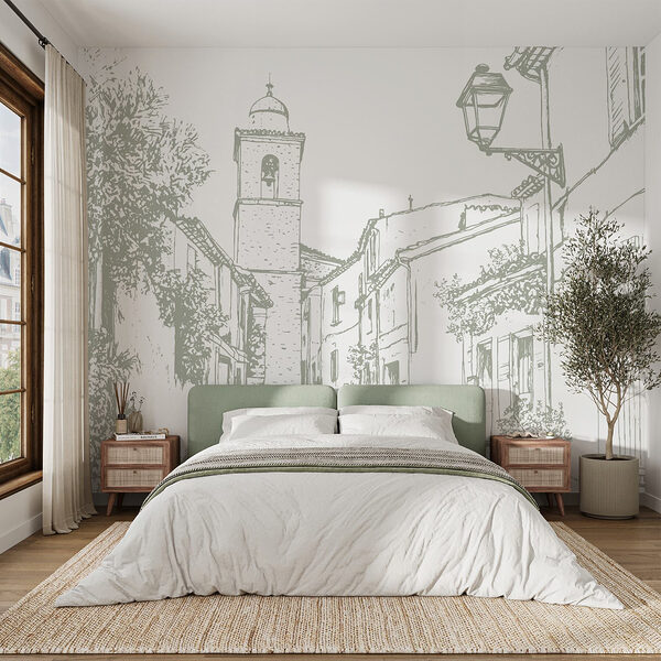 Wall mural Drawing of a street with buildings and a bell tower