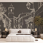 Wall murals Drawing of a street with buildings and a bell tower