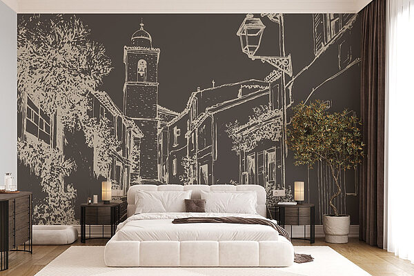 Wall mural Drawing of a street with buildings and a bell tower (SKU: w03345v2) Wall mural Wall mural Drawing of a street with buildings and a bell tower (SKU: w03345v2)