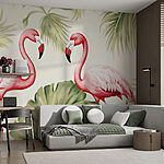 Wall murals Couple of pink flamingos with green leaves