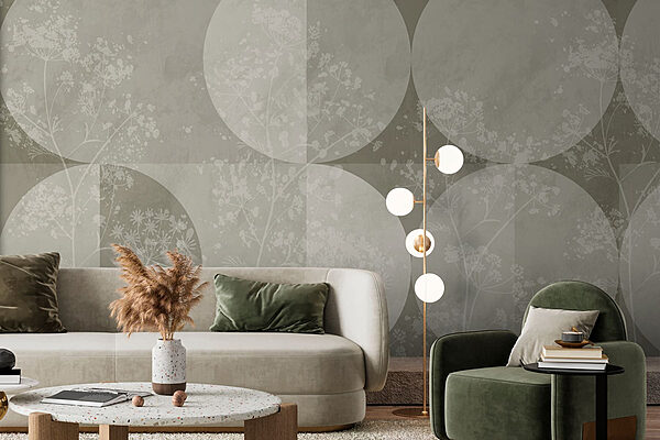 Grey and white background with circles and flowers Wall murals Grey and white background with circles and flowers