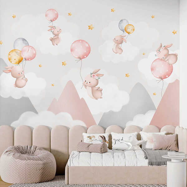 Group of bunnies holding balloons in the sky Wall murals Group of bunnies holding balloons in the sky
