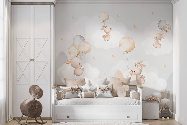 Wall mural Group of bunnies flying with balloons in the sky