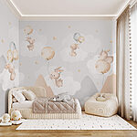 Wall mural Group of bunnies flying with balloons in the sky