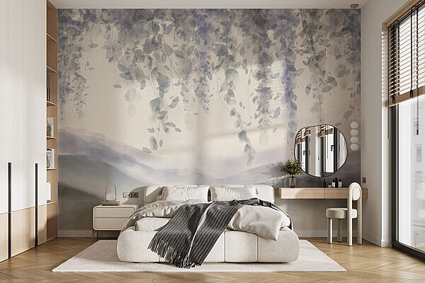 Painting of a landscape with fog and leaves Wall murals Painting of a landscape with fog and leaves