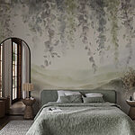 Wall murals Painting of a landscape with leaves from the ceiling