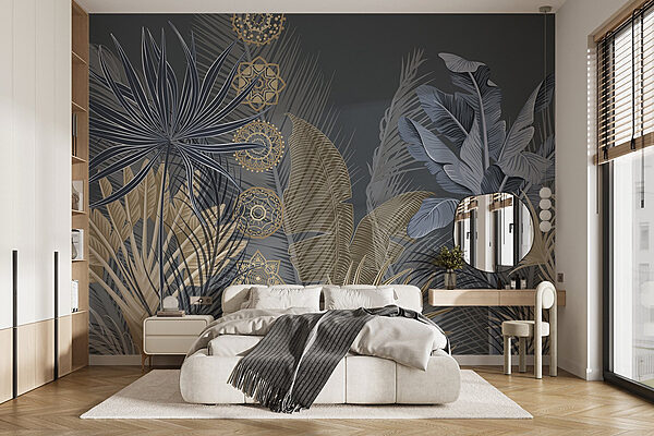 Serene botanical design on dark background Wall murals Serene botanical design on dark background