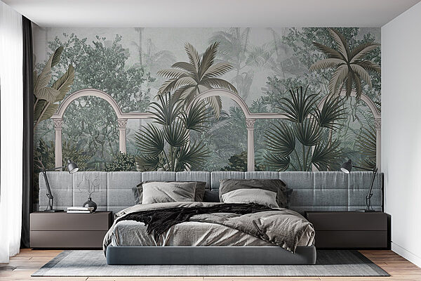 Wallpaper with palm trees and a balcony Wall murals Wallpaper with palm trees and a balcony