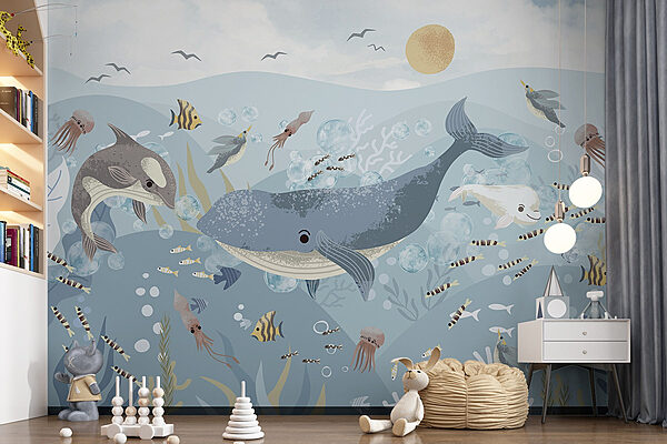 Group of fish and whales swimming in the ocean Wall murals Group of fish and whales swimming in the ocean
