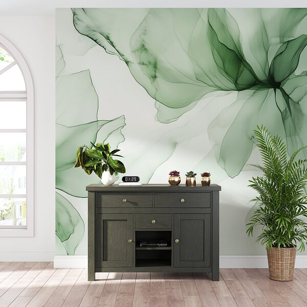 Wall murals Delicate greens and flowing petals (SKU: w03406) Wall murals Wall murals Delicate greens and flowing petals (SKU: w03406)