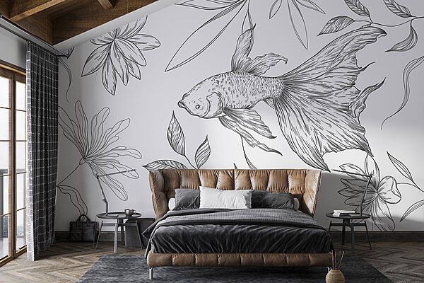 Wall murals Black and white drawing of a fish and plants (SKU: w03516) Wall murals Wall murals Black and white drawing of a fish and plants (SKU: w03516)