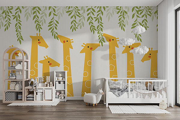 Wall murals Group of giraffes with leaves