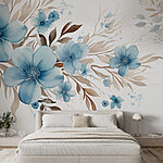 Wall murals Painting of blue flowers and brown leaves
