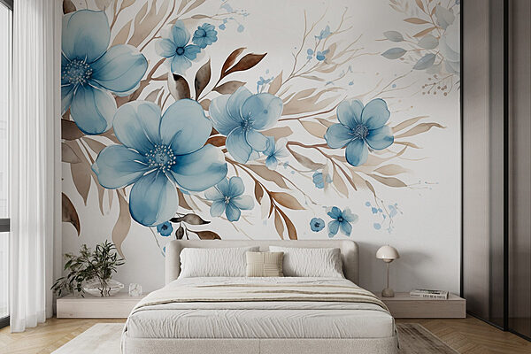 Wall murals Painting of blue flowers and brown leaves
