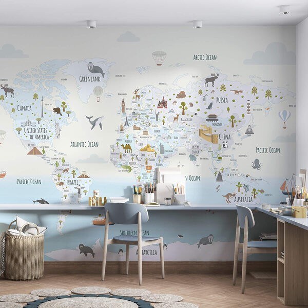 Wall murals Map of the world with different animals