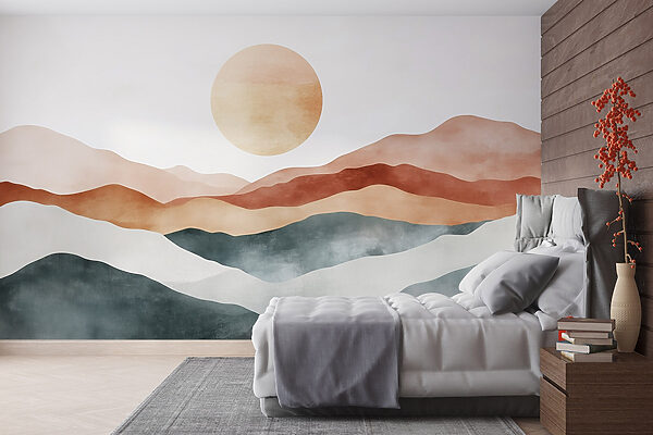 Painting of mountains and sun Wall murals Painting of mountains and sun